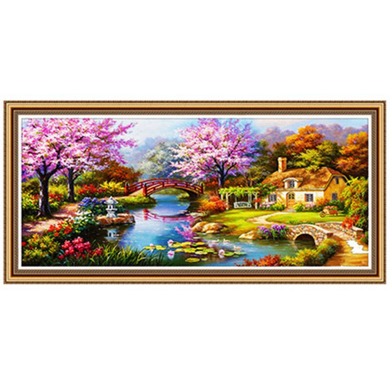 Pintura de paisaje con diamante Diy, casa de casa, bordado de diamantes, puente de árbol, cabaña, pinturas de pared para sala de estar