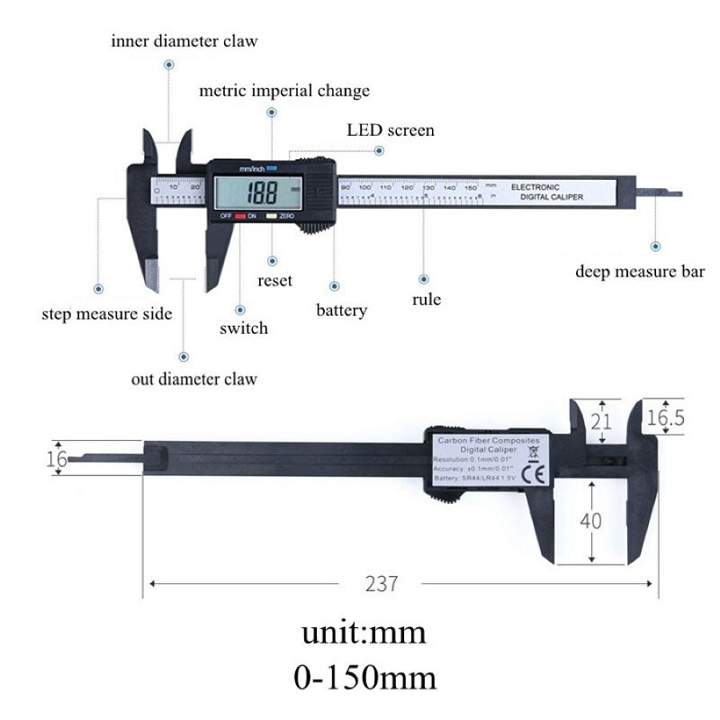 Digital Vernier 0-150mm Numerical Large Screen Plastic Carbon Fiber Precision Scale