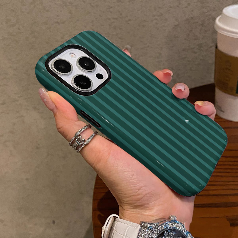 Dark green thin stripes Phone Case suitable for iPhone 17 16ProMax 15 14 14 12mini 7Plus XR 2in1 tough glossy case