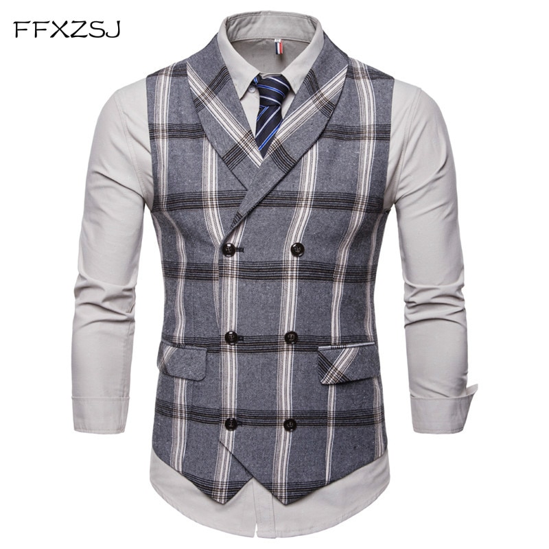 Ffxzsj klassisk rutete dressvest herre slank passe dobbelspent Vest Vest herre virksomhet bryllup røyking Vest gilet homme