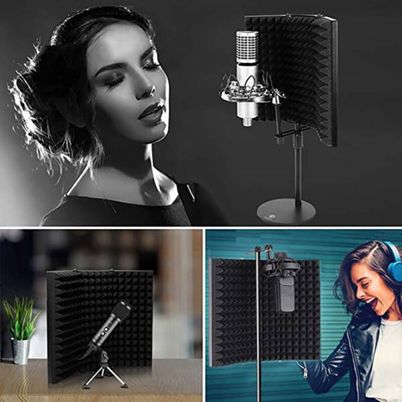 Microphone Isolation Shield With Blowout Prevention Net,Absorbing Foam Reflector Folding Panel,For Blue Yeti,Etc(3 Fold)
