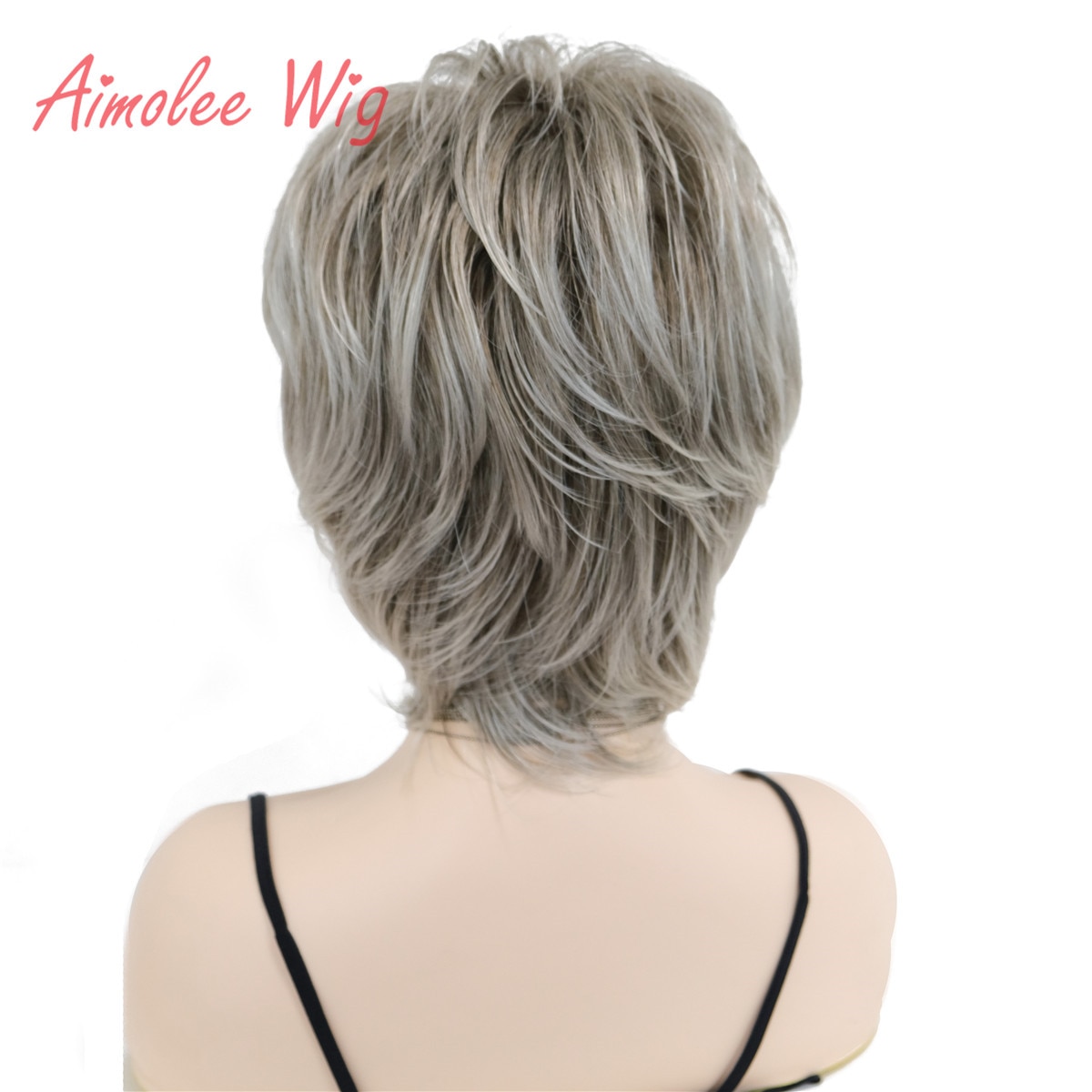 Peluca sintética en capas para mujer, pelo corto y liso, color gris plateado, mezcla de cabello natural