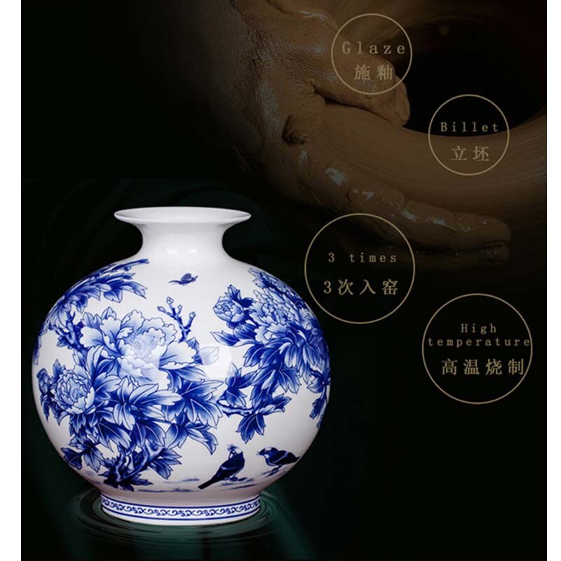 Jingdezhen Keramische Chinese Pioen Bloem Vaas Blauw En Wit Porselein Ornamenten Lliving Fijne Bone China Vaas Decoratie