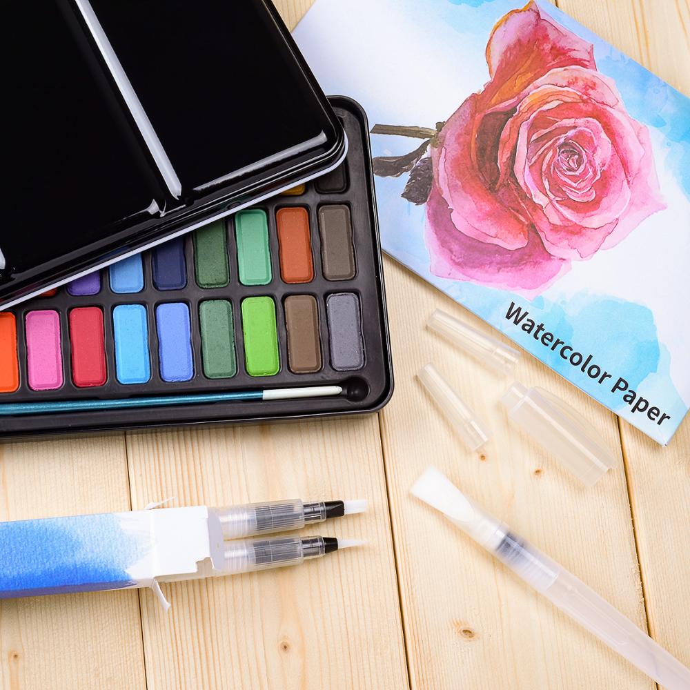Juego de pinturas de acuarela de 36 colores, con 8 hojas de papel de 300gsm y bolígrafo de pincel de agua para materiales de arte