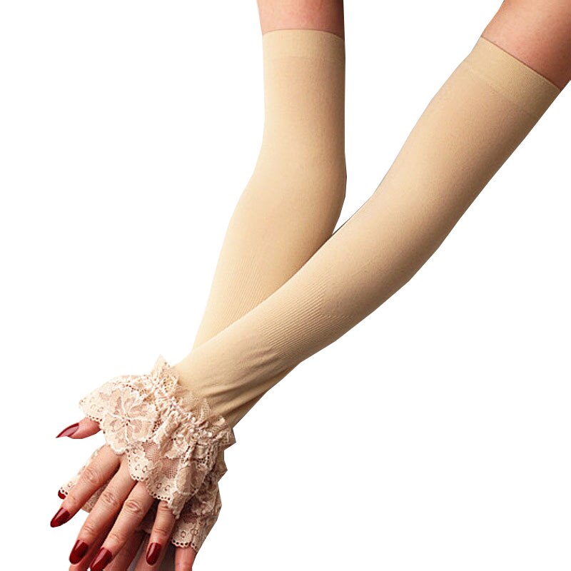 Gants longs d&#39;été en dentelle sans doigts, manches élastiques pour la conduite, mitaines longues sans doigts pour la Protection solaire: nude