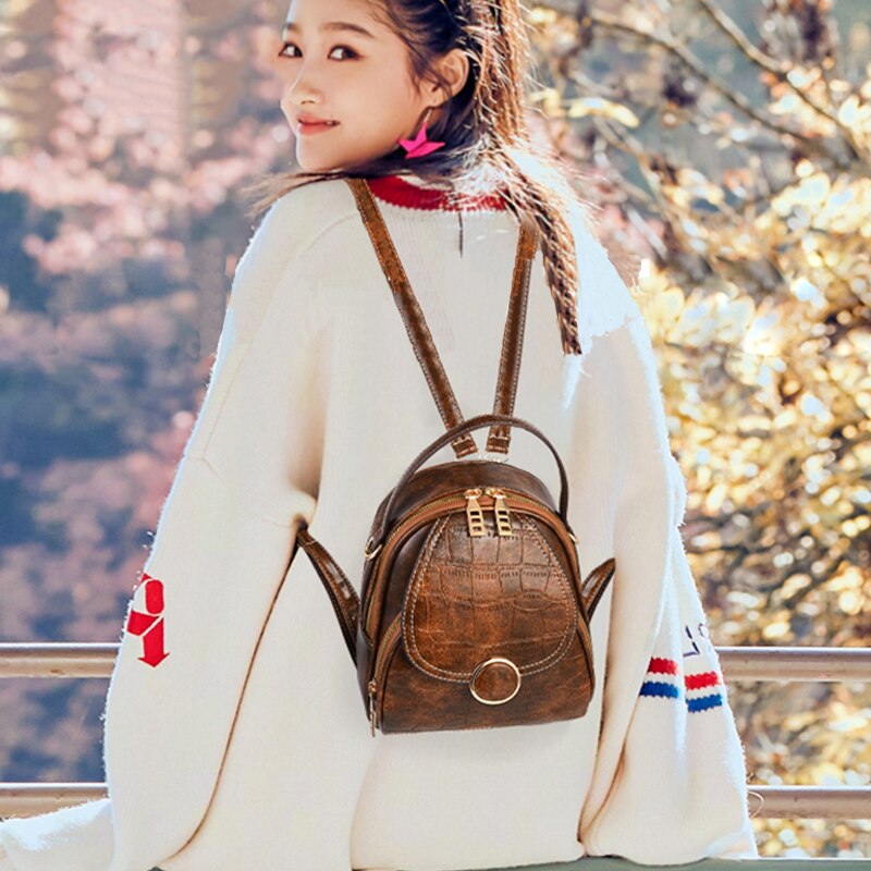 Mochila de couro pu de ombro feminina, multifunção, pequena, para escola, para adolescentes