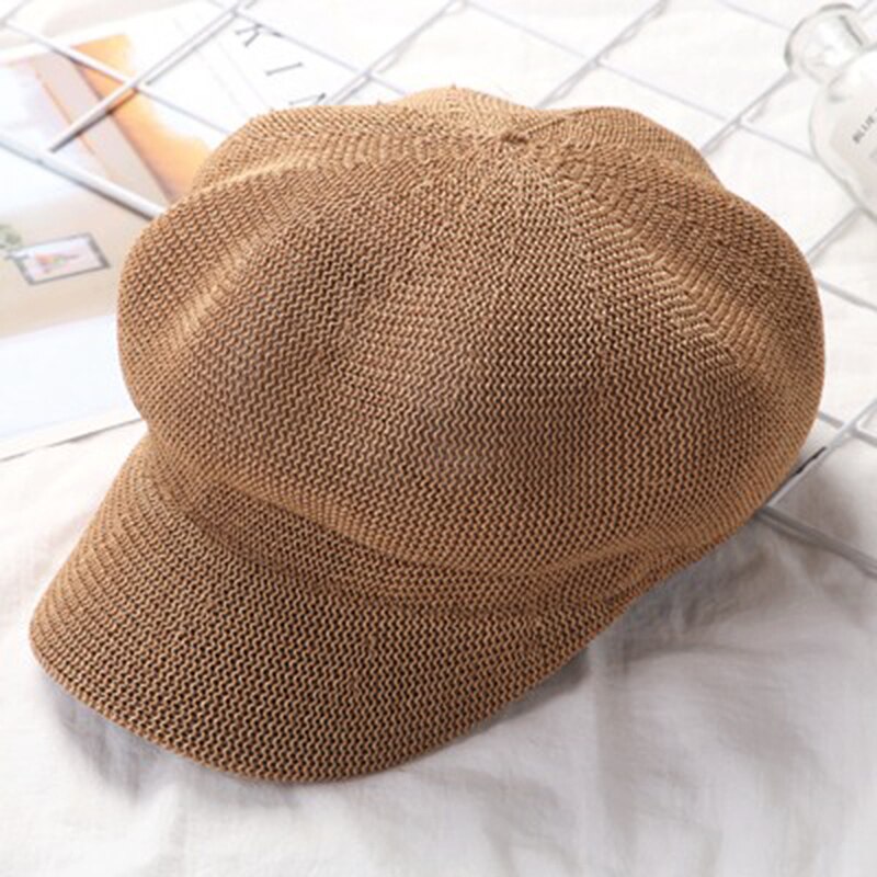 Octagonal Cap Straw Women Summer Thin Newsboy Cap Painter Straw Knitted Beret Mesh Breathable Sun Hat