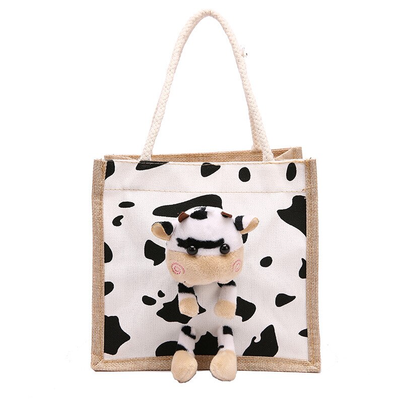 Cute Calf Canvas Bag Women's Portable Graffiti Lunch Bag Trendy Cute Internet Celebrity Lunch Box Handbag: White spots