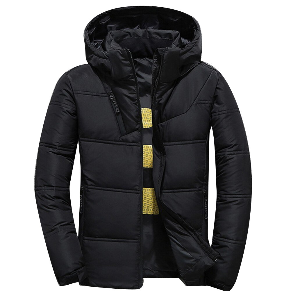 Men's Winter Solid Color Zipper Warm Hooded Down Jacket Outdoor Sport Parka Coat Top: Black / M