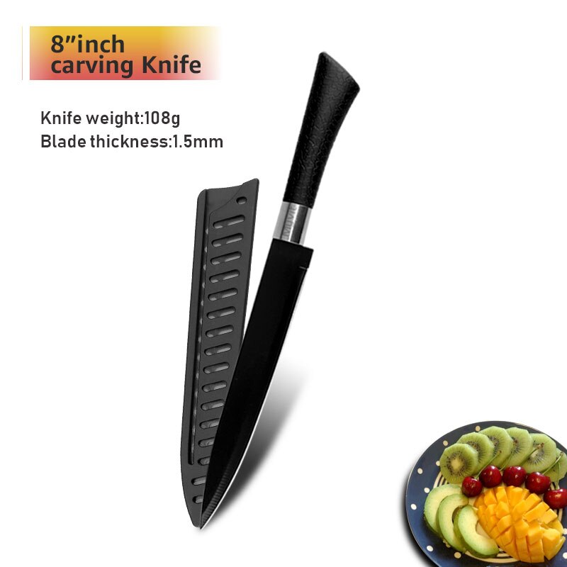 Chef Knives Set Stainless Steel Paring Utility Santoku Chef Slicing Bread Knives Black Blade Kitchen Accessories Set Tools: 8inch Carving Knife