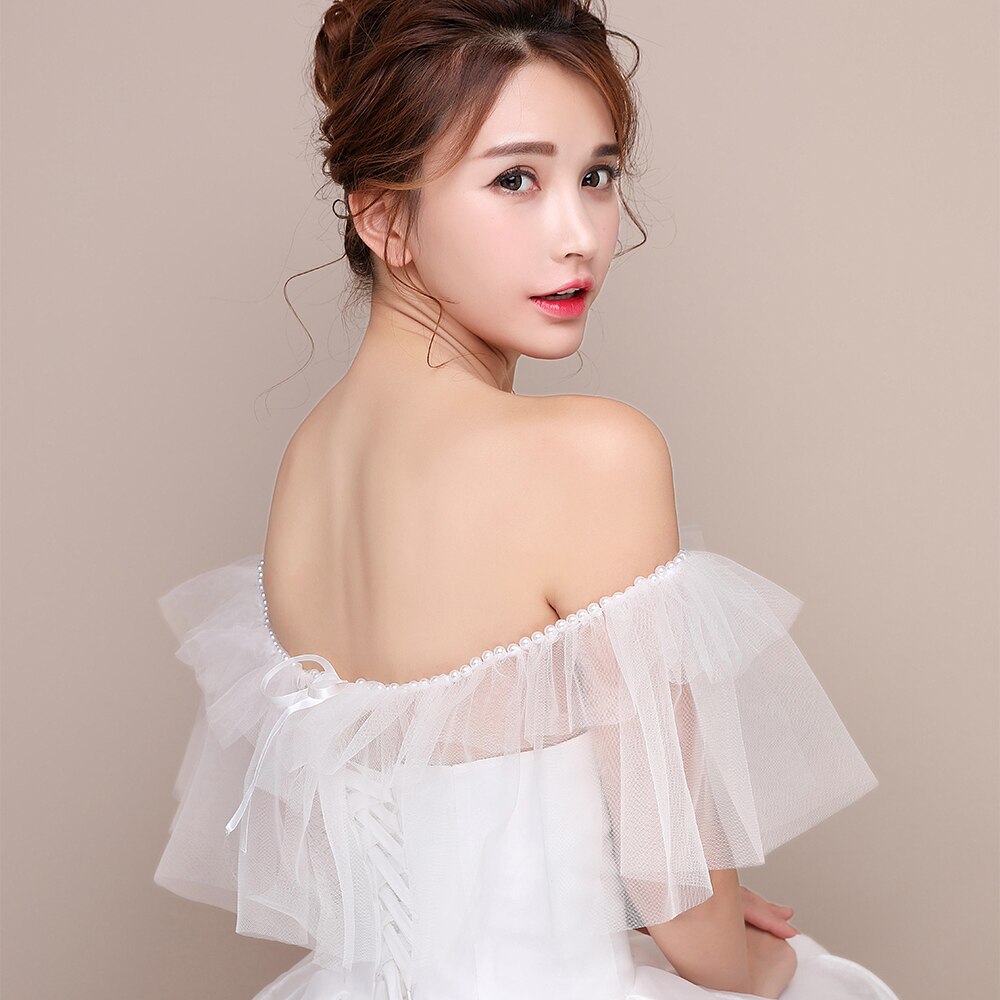 Frauen Elfenbein Hochzeit Braut wickeln Elegante Perlen Rüschen sexy schier Tüll Schal mit Band Weg Von der Schulter Stola für Formale kleid