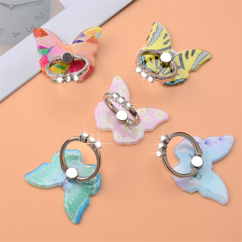 Butterfly Metal Mobile Phone Holder Stand Car Mount Stand Rhinestone Finger Ring Smart Phone Stand Holder For Iphone All Phone