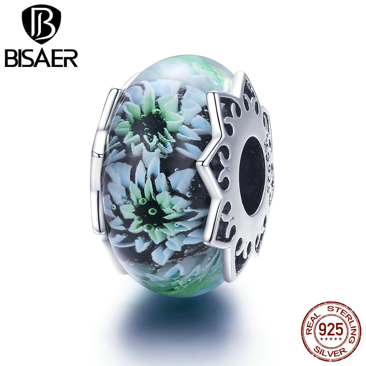 Cuentas de cristal europeas BISAER de Plata de Ley 925 con forma de flor Cyan de gran , pulseras con colgantes DIY, fabricación de joyas ECC1011