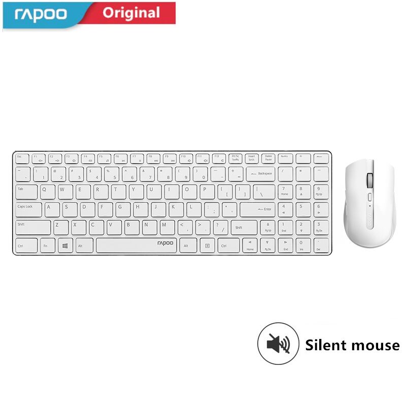 Rapoo Wireless Slim Keyboard and Mouse Combo, Ultra-Thin Lightweight, Comfortable Silent Keyboards, 2.4G 1000 DPI Smooth Portabl: White