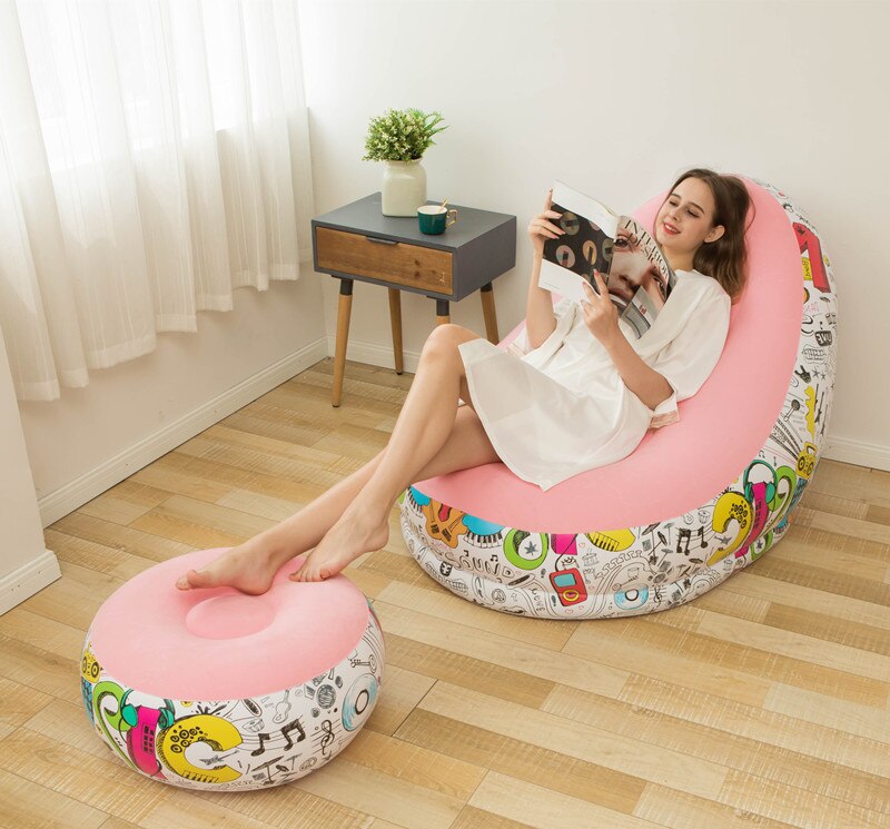 Inflatable Flocking SOFA NAP bed chair with footrest combination SOFA foldable lounger: pink