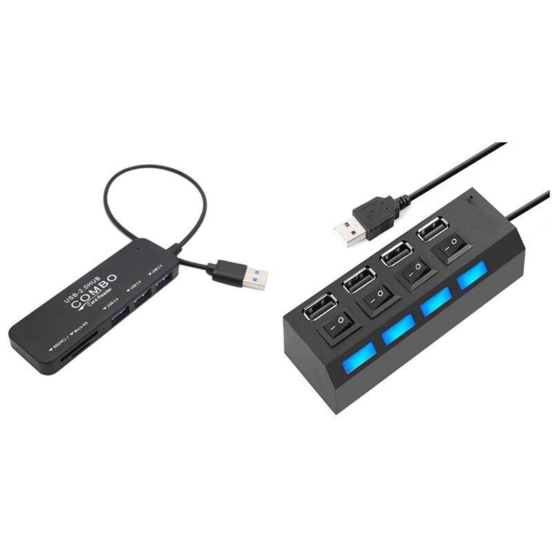 1 st. 5- poorts usb 2.0- oplader hub-adapter & 1 st. 4 -poorts usb-hub-splitter usb 2.0- hub led met 4 on/ uit-schakelaars