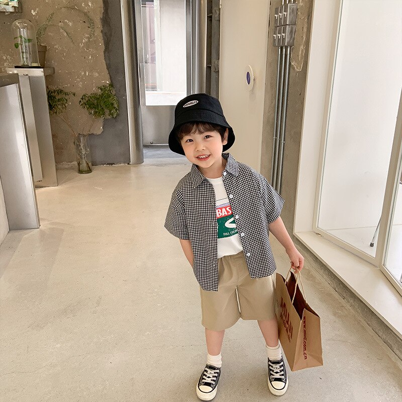 Camisa de manga corta a cuadros para niños, camisa Coreana de estilo fino, top de ocio para niños de color blanco y negro, 10 a 187