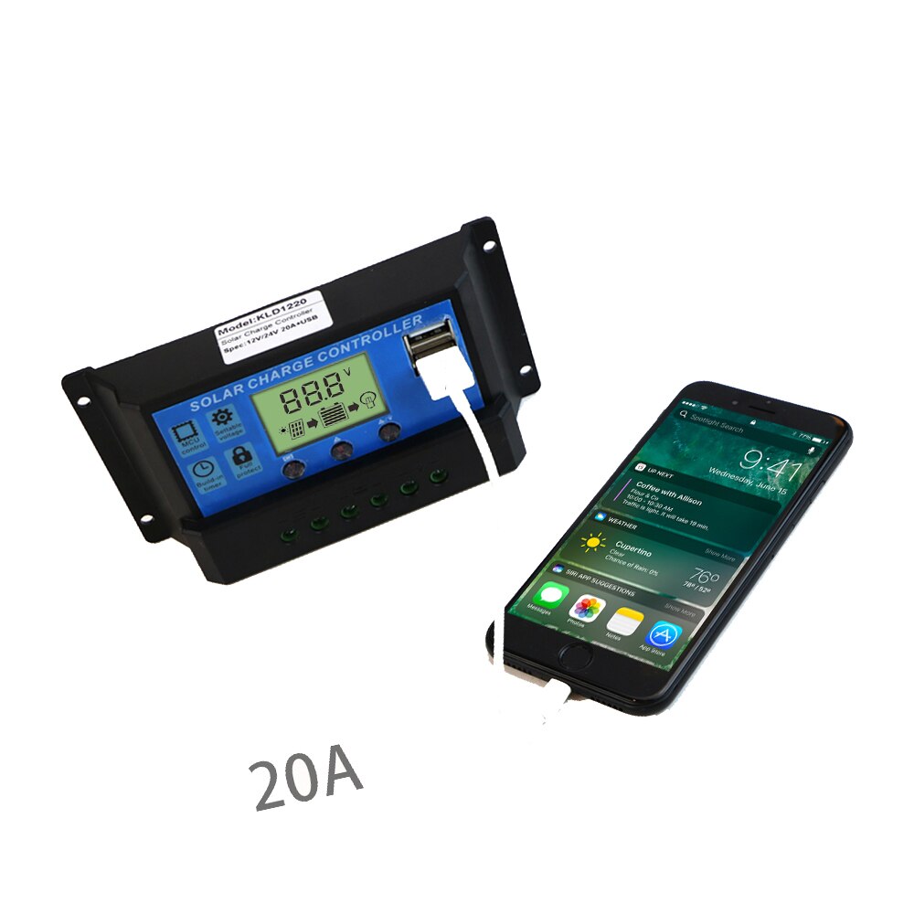 LCD 20A 12/24V PWM Solar Charge Controller 5V Dual USB Output Solar Cell Panel Charger Regulator PV