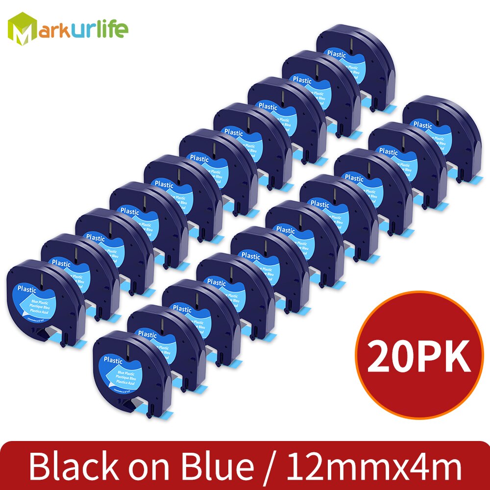 20PCS 91330 LT Label Tape 12mm*4m Compatible For Dymo Letratag Plastic 91200 91331 91201 12267 18769 18771 For LT-100H LT-100T: 20p Black on Blue