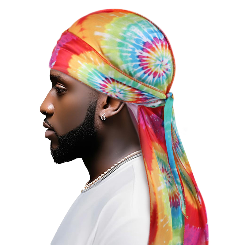 Novo tingido de seda Durag Bandana com cauda longa e alça larga Colorido Durag Cap touca de banho para homens e mulheres: CINZA