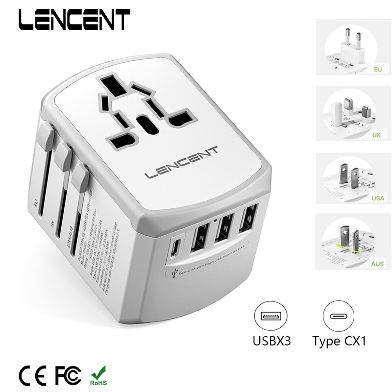 LENCENT Universal-Reiseadapter mit 3 USB-Anschlüssen und 1 Typ-C-Wandladegerät, All-in-One-Reiseladegerät für US-, EU-, UK- und AUS-Reisen