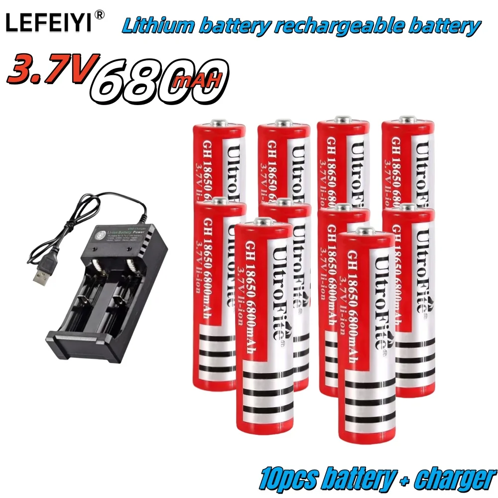 Batería de litio 18650, 3,7 V voltios, 6800mah, BRC 18650, batería recargable, baterías de litio de iones de litio para banco de energía, antorcha + cargador: Borgoña