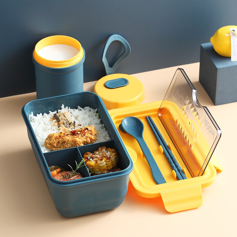 Grid Microwave Lunch Box Portable Japan Compartment Bento Box Simple Style Fruit Salad Container Storage For Kids With Tableware: BLUE add CUP