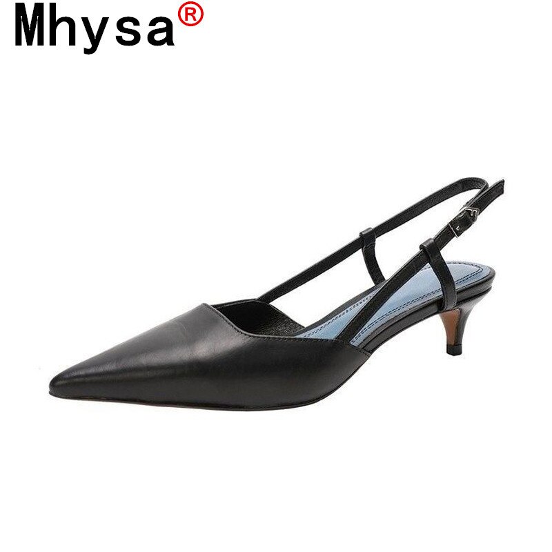Sandalias altas de piel sintética para mujer, zapatos puntiagudos de tacón medio negro, cómodos, con hebilla, para verano,