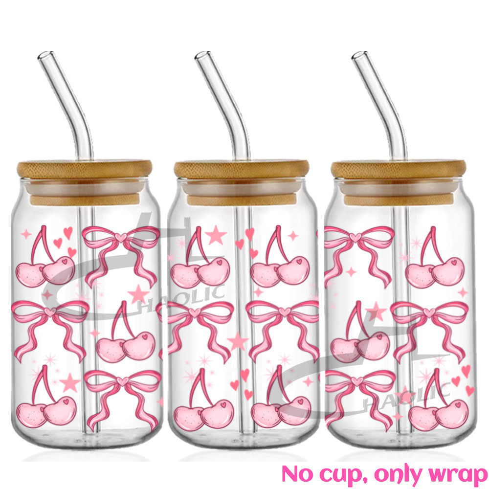 Roze zwierige strikken UV DTF Cup Wrap voor 16oz Libbey bierglas kan mooie liefde linten schattig girly Cup Wrap UV DTF sticker: Army Green