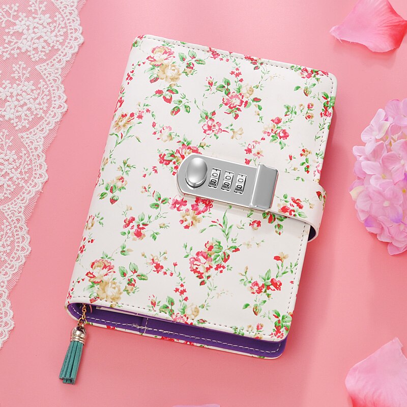 Kawaii A6 Korean lock leather notebook writing pads flower girl loose leaf password mini lockable diary school supplies