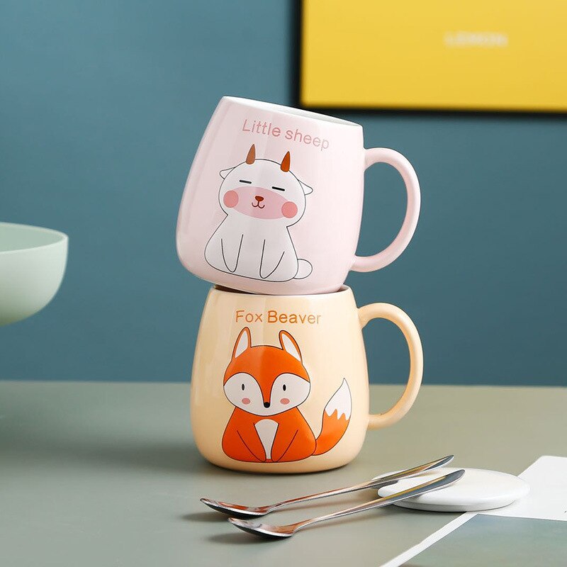 Cute Cartoon Cat Mug Animal Fox Ceramic Mug Office Mug for Girls and Dogs with Lid Spoon cute coffee mugs and cups