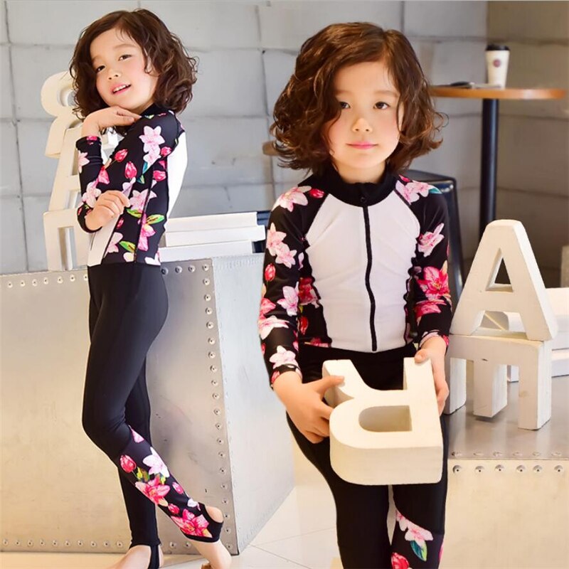 Korean style surf wetsuit for kids floral printed girls boys rashguard diving suit on beach swimming wear