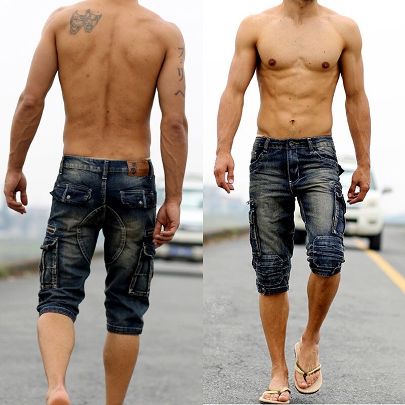 Sommer Vintage Herren Gerade Jeans Mehrere Taschen Fracht Kalb-Länge Denim Shorts Plus Größe Casual Jean Hosen: Navy / 40