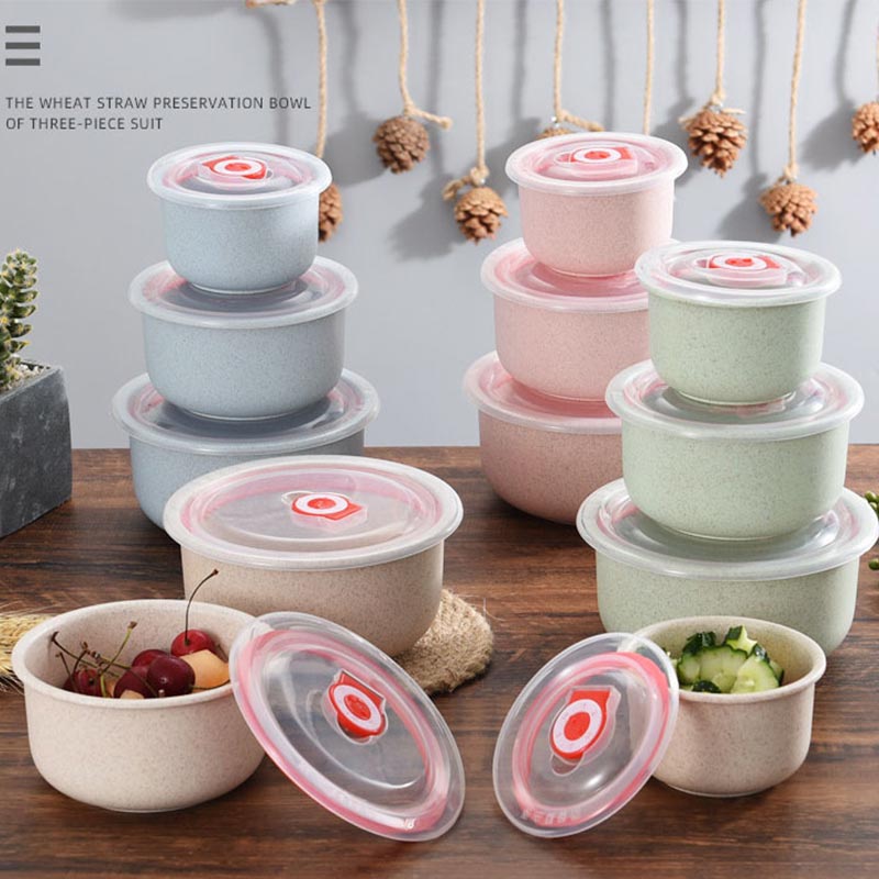 Wheat Straw Fresh-keeping Bowl Threepiece Set With Lid Round Lunch Box Can Be Microwave Sealed Bowl Kitchen Supplies Storage Box