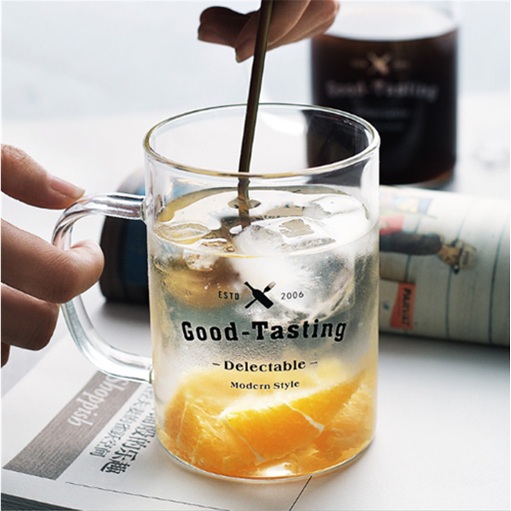 Vaso de agua de vidrio de borosilicato, Vaso de Leche recto con vaso de bebida fría, vaso de zumo, vaso Simple con Taza de leche de letras en inglés
