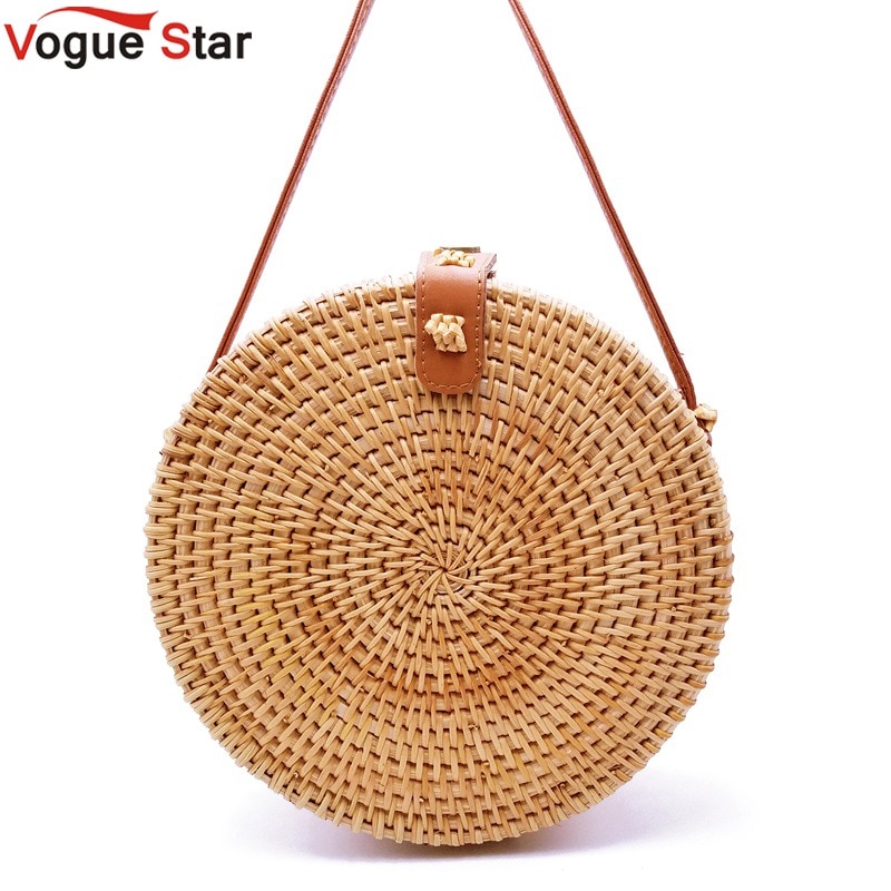 Bohemien Bali Rattan Taschen für Frauen Kleine Kreis Strand Handtaschen Sommer Jahrgang Stroh Tasche Handgemachte umhängetasche L26