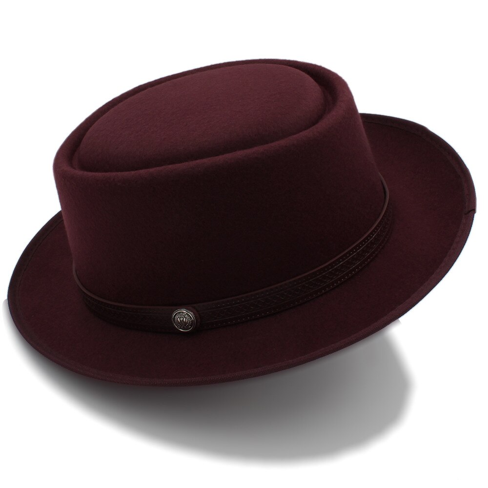 Chapeau en tarte de porc pour femmes hommes | Chapeau Fedora plat en laine pour Gentleman, papa Gambler Panama Trilby chapeau avec Belwt taille 58CM: Wine red