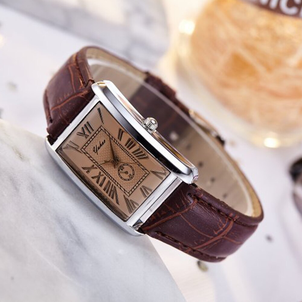 Mode Vierkante Paar Horloge Romeinse Cijfers Eenvoudige Stijl Paar Horloge Mannen En Vrouwen Casual Lederen Band Quartz Horloge Paar: Women-Brown