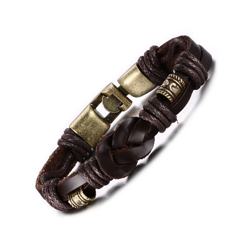 2 STKS heren Vintage Donkerbruin Zwart Dubbele rij Lederen Nautische Knoop Armband voor Mannen Polsbandje Touw met legering Gesp Sieraden: BL-116