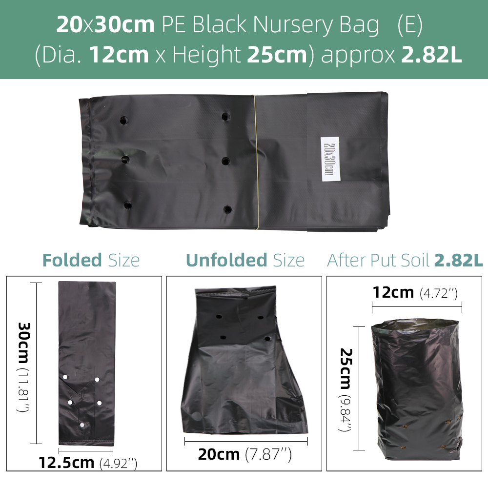 Bolsas gruesas para cultivo de plantas, macetas de plántulas ecológicas para jardín con agujeros transpirables, bolsas de plantación negras, bolsas de vivero de PE, 100 Uds.: Black 20x30cm