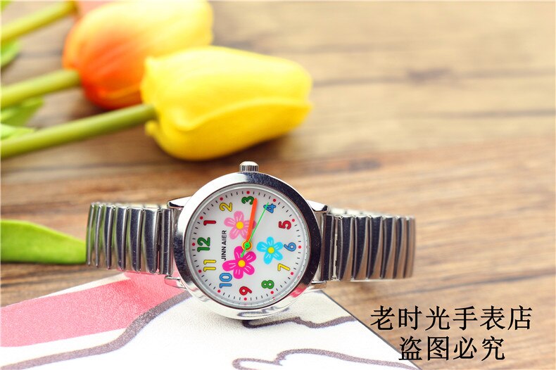Jongens meisjes vrouwen mooie bloemen wijzerplaat relojes flexibele elastische band gemakkelijk te dragen kleurrijke cartoon horloge