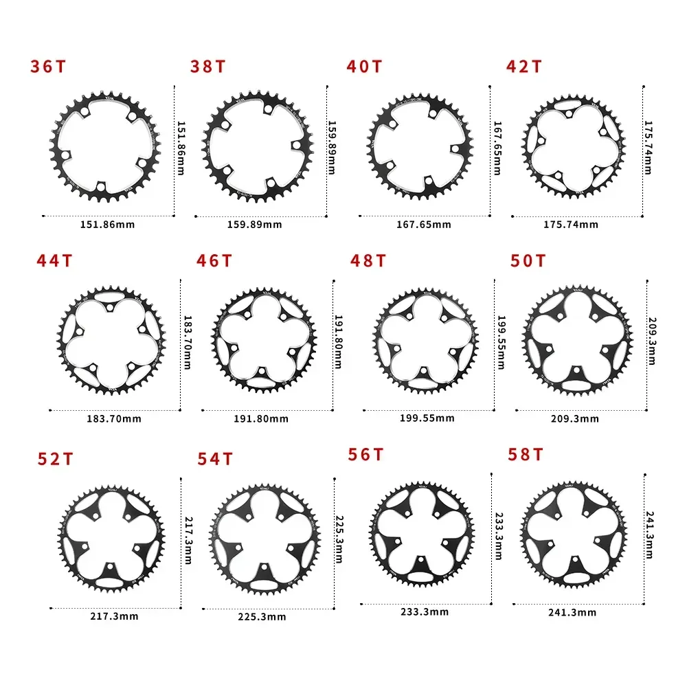 VXM-plato de estrella ancha y estrecha para bicicleta de carretera, corona delantera de 5 pernos para bicicleta plegable, 110, 130, BCD, 36T, 38T, 40T, 42T, 46T, 50T