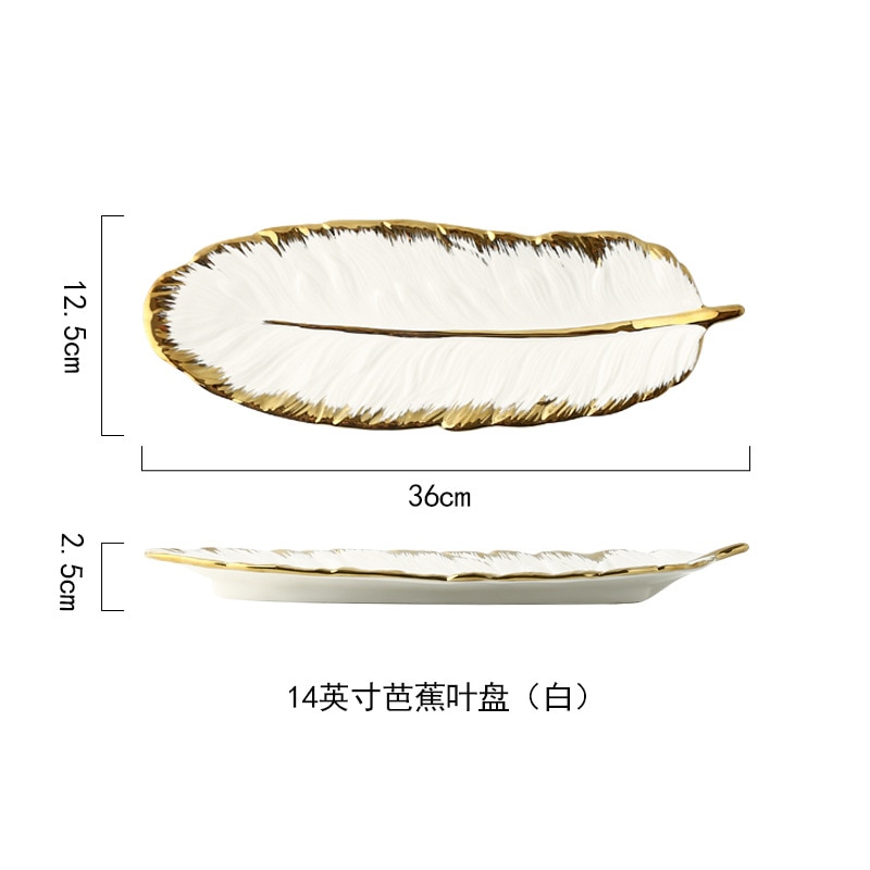 Luxus Keramik Teller Ablage mit Glod Rand Grün Blatt Glod Feder Schmuck machen-hoch Pinsel Lagerung Dekorative Sushi Platte: Weiß - 14 Zoll