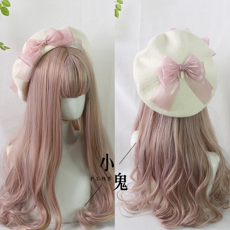 Muticolors Lolita berety mieszanka wełny kapelusz kobiety kokardka dziewczęca styl marynarski elegancki, szykowny czapka studencka: pink bow