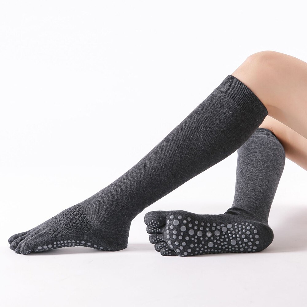 Calcetines de Yoga de cinco dedos para mujer, calcetín deportivo antideslizante, de algodón, para entrenamiento de baile y Barre: gray