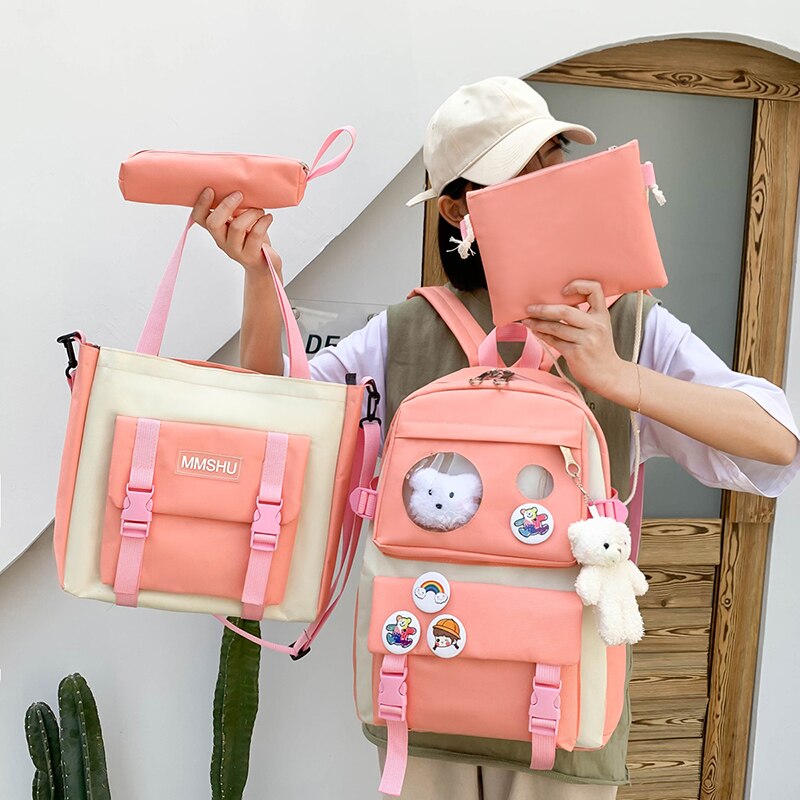 4 stück einstellen Schul Taschen für Teenager Mädchen Rucksack Hohe Schule Rucksack Leinwand Reise Frauen jugendlich Schüler Bookbags: Rosa-einstellen