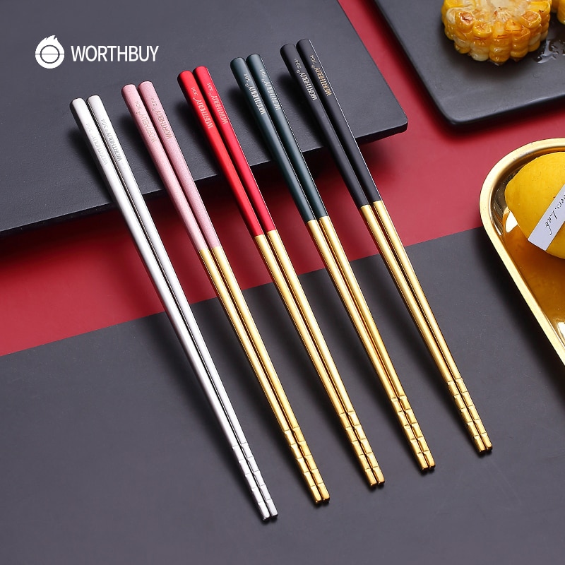 Worthbuy 5 par guldhalkiga ätpinnar 18/8 ätpinnar i rostfritt stål för sushi hashi matpinnar återanvändbara ätpinnar