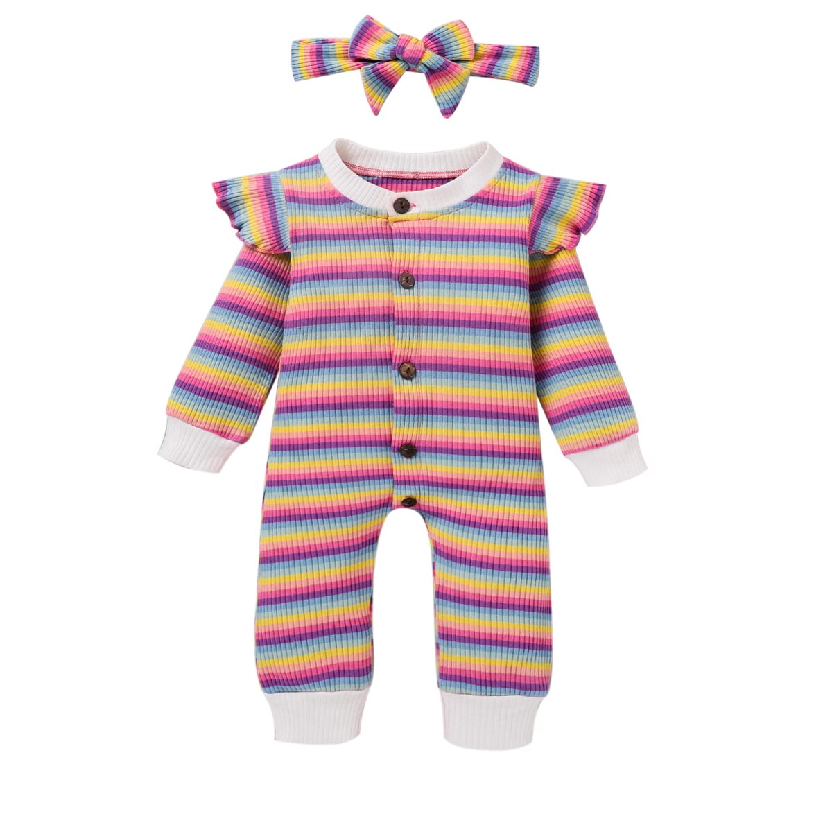 Newborn Baby Girl Boys Clothes Sets Autumn Colorful Striped Long Sleeve Ruffle Romper + Headband 2Pcs Clothes Set 0-18M: 1 / 6M