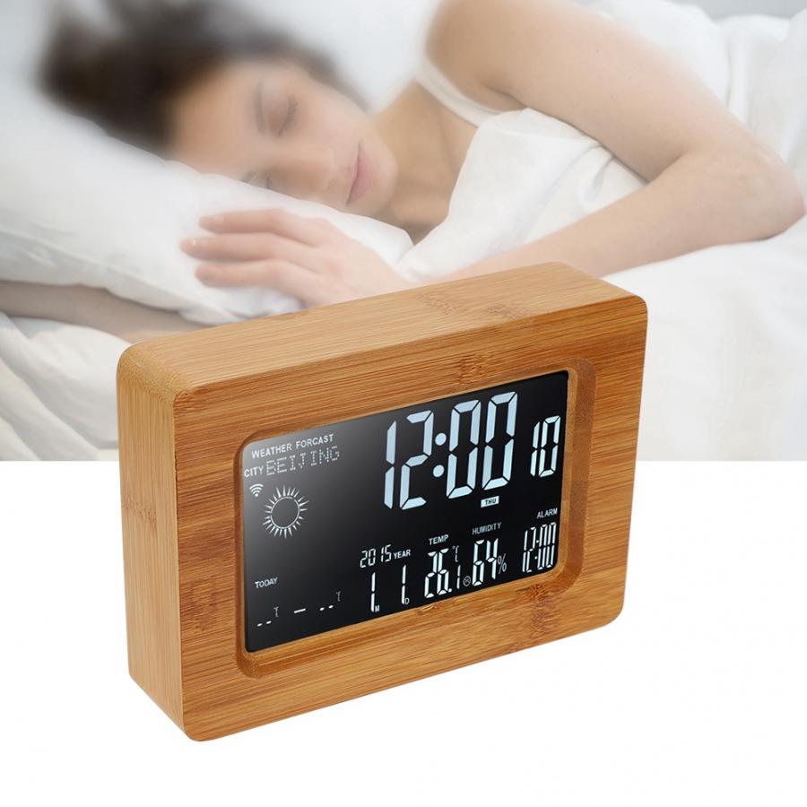 DC 5V Wooden Multi-function WIFI LCD Weather Temperature Humidity Clock 100-240V US Plug Weather Clock