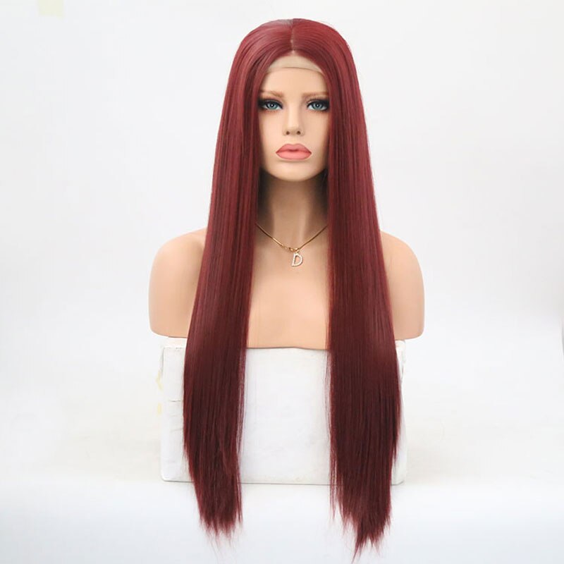 "bomba" wino burgundzkie czerwone proste syntetyczna koronka peruka przód włókno termoodporne naturalną linią włosów środkowa część dla kobiet peruki